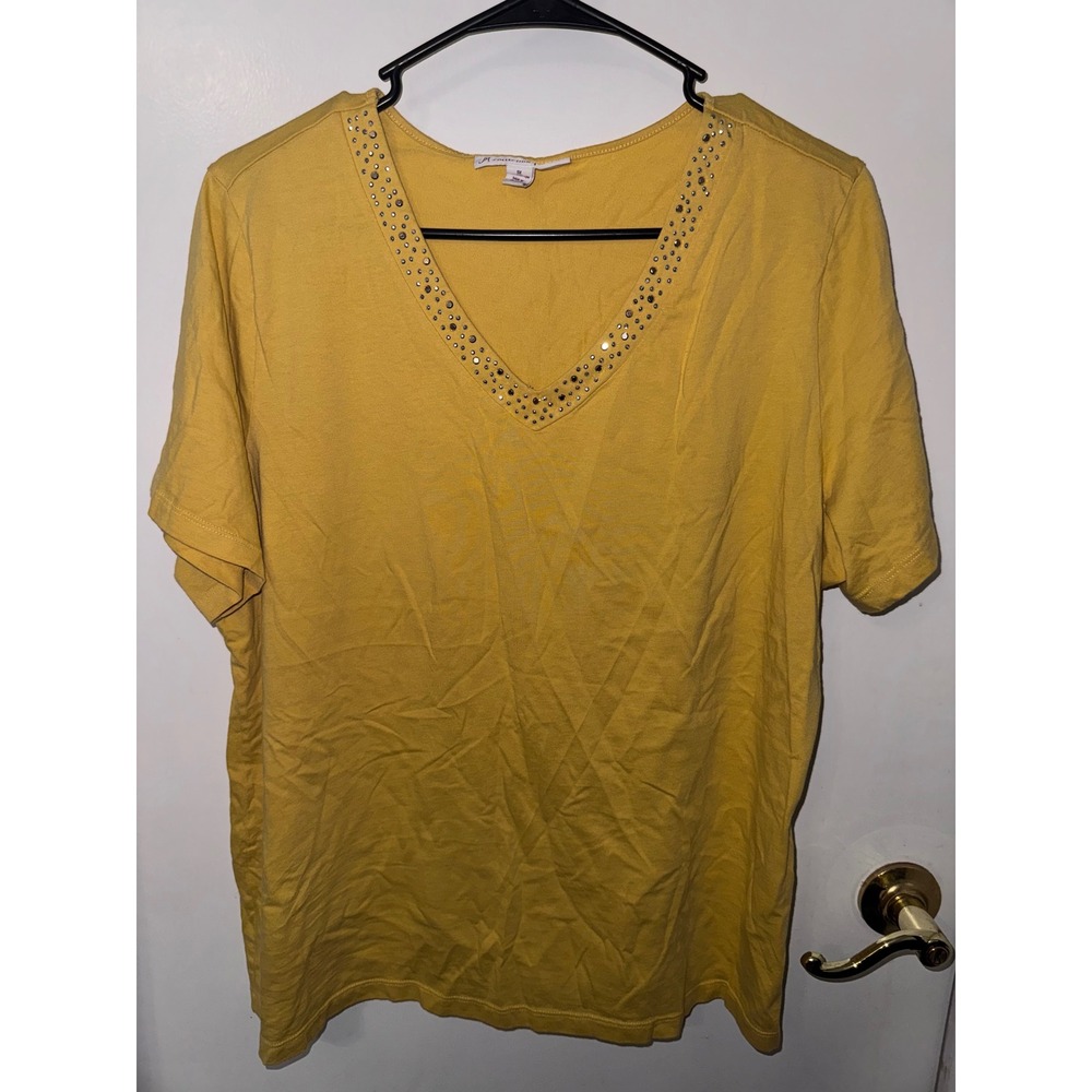 JM Collection Mustard Yellow Rhinestone V-Neck Cotton Top 1X Short Sleeve